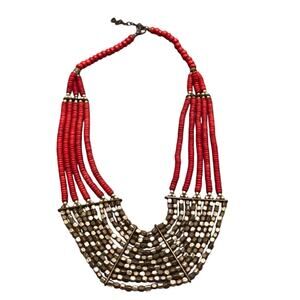 Red and Silver Beaded Statement Necklace